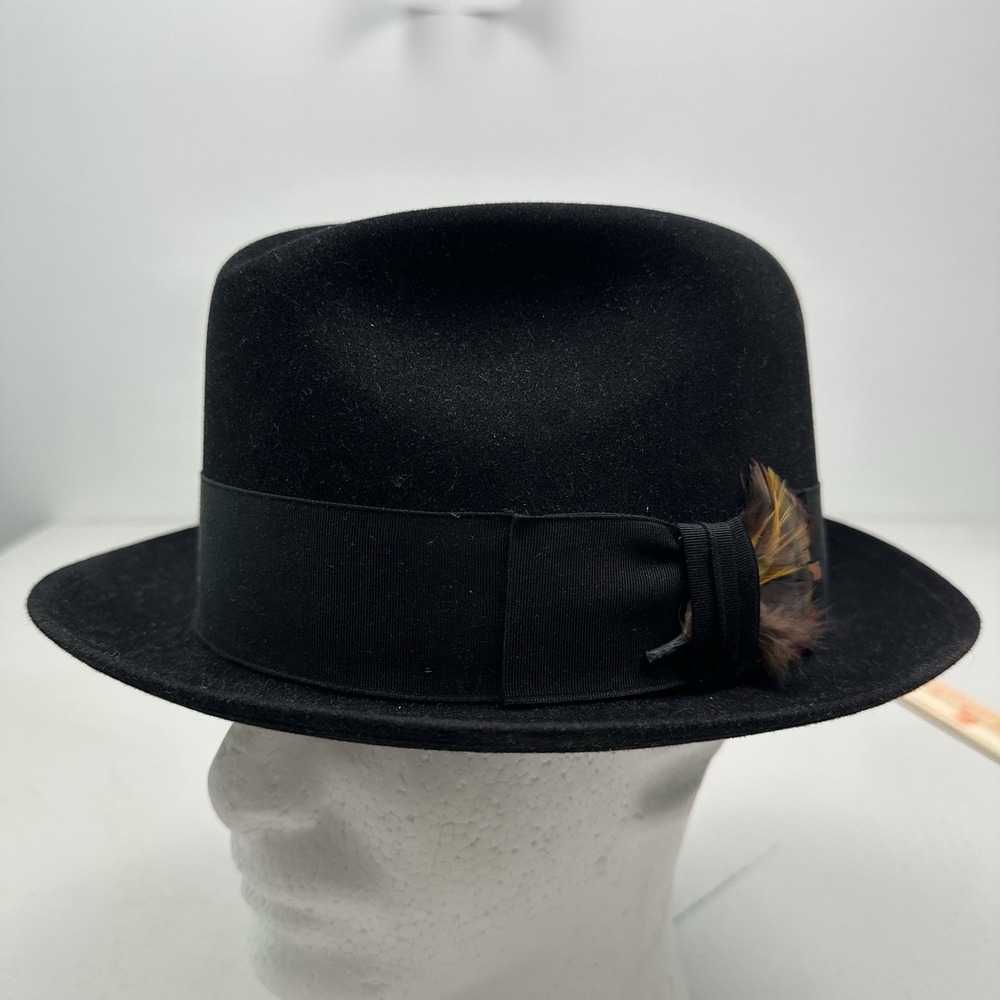 VTG Dobbs Fifth Ave Dayton Hat Men 7 3/8 Fedora Black Fur Felt Ribbon Feather